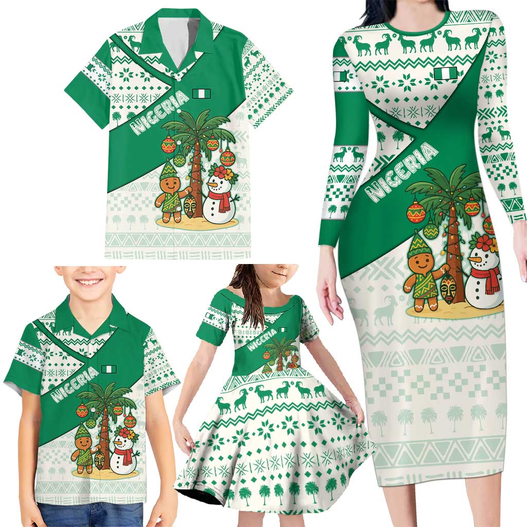 Nigeria Christmas Family Matching Long Sleeve Bodycon Dress and Hawaiian Shirt with Gingerbread Snowman Palm Tree and Tribal Mask Design - Wonder Print Shop