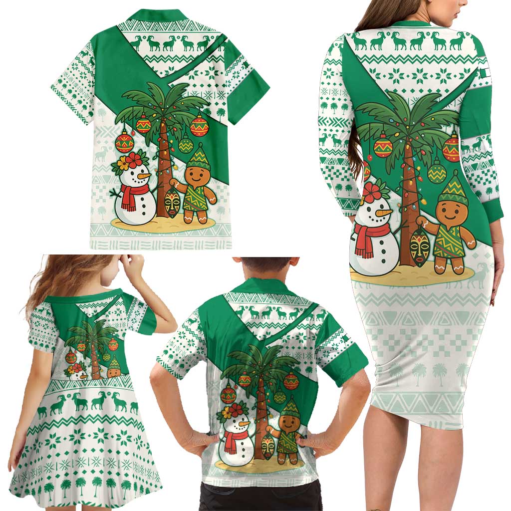 Nigeria Christmas Family Matching Long Sleeve Bodycon Dress and Hawaiian Shirt with Gingerbread Snowman Palm Tree and Tribal Mask Design - Wonder Print Shop