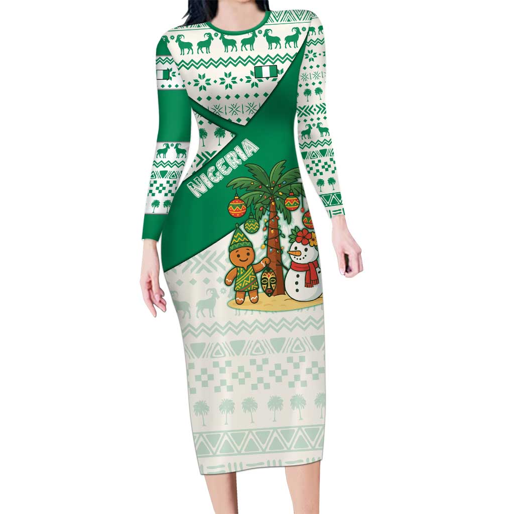 Nigeria Christmas Family Matching Long Sleeve Bodycon Dress and Hawaiian Shirt with Gingerbread Snowman Palm Tree and Tribal Mask Design - Wonder Print Shop
