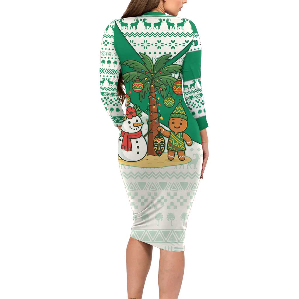 Nigeria Christmas Family Matching Long Sleeve Bodycon Dress and Hawaiian Shirt with Gingerbread Snowman Palm Tree and Tribal Mask Design - Wonder Print Shop