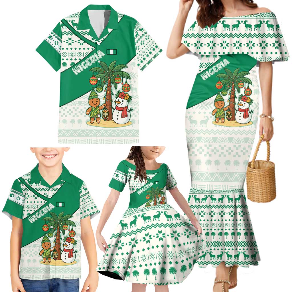 Nigeria Christmas Family Matching Mermaid Dress and Hawaiian Shirt with Gingerbread Snowman Palm Tree and Tribal Mask Design - Wonder Print Shop