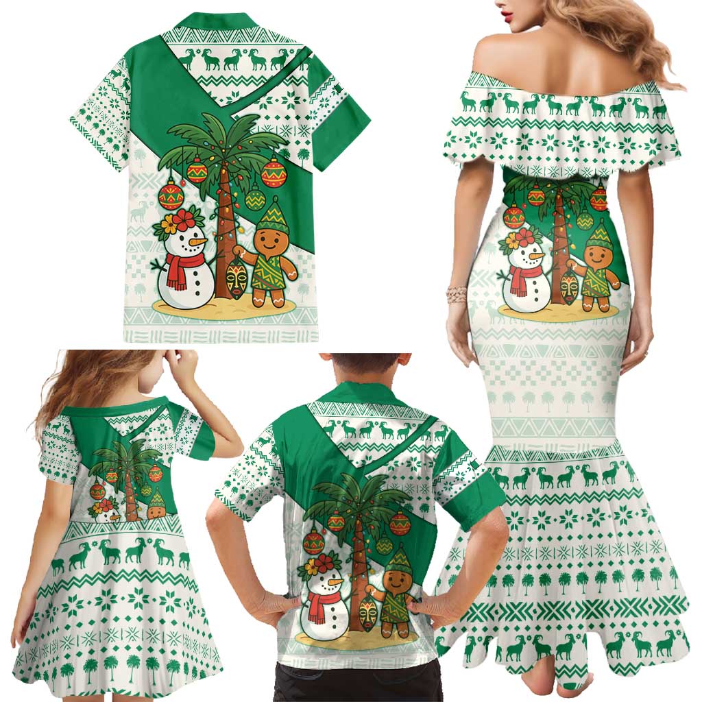 Nigeria Christmas Family Matching Mermaid Dress and Hawaiian Shirt with Gingerbread Snowman Palm Tree and Tribal Mask Design - Wonder Print Shop