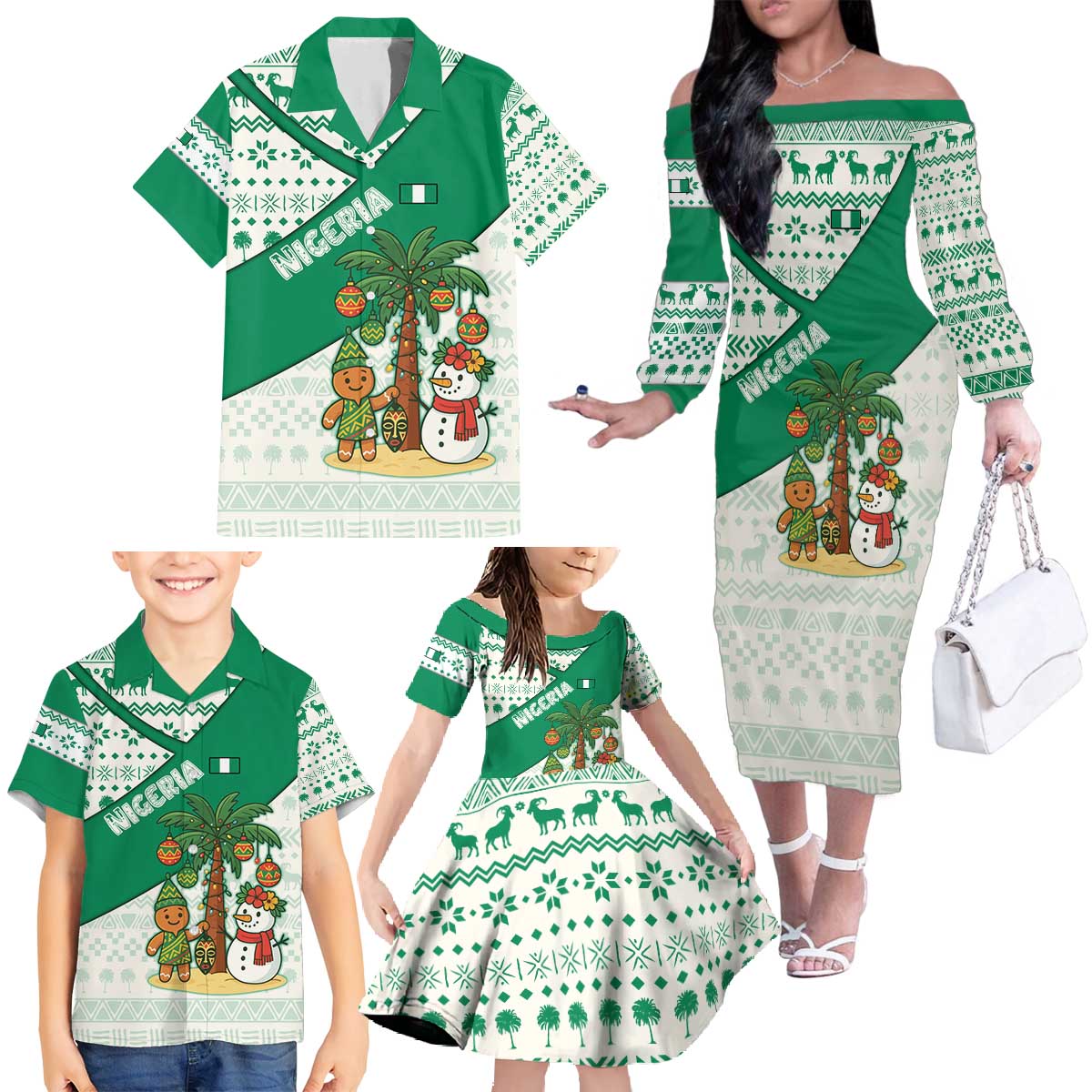 Nigeria Christmas Family Matching Off The Shoulder Long Sleeve Dress and Hawaiian Shirt with Gingerbread Snowman Palm Tree and Tribal Mask Design - Wonder Print Shop
