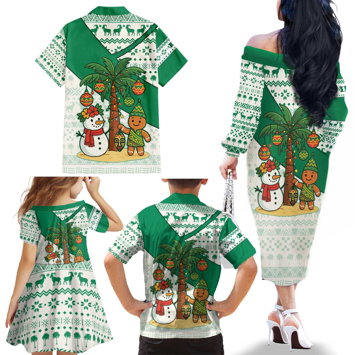 Nigeria Christmas Family Matching Off The Shoulder Long Sleeve Dress and Hawaiian Shirt with Gingerbread Snowman Palm Tree and Tribal Mask Design - Wonder Print Shop