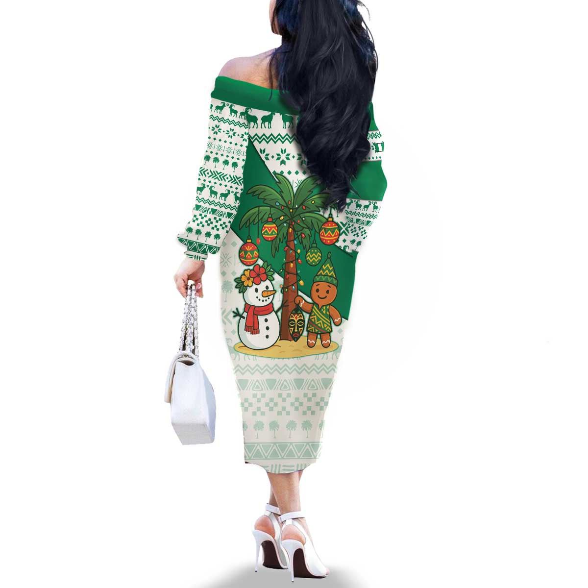 Nigeria Christmas Family Matching Off The Shoulder Long Sleeve Dress and Hawaiian Shirt with Gingerbread Snowman Palm Tree and Tribal Mask Design - Wonder Print Shop