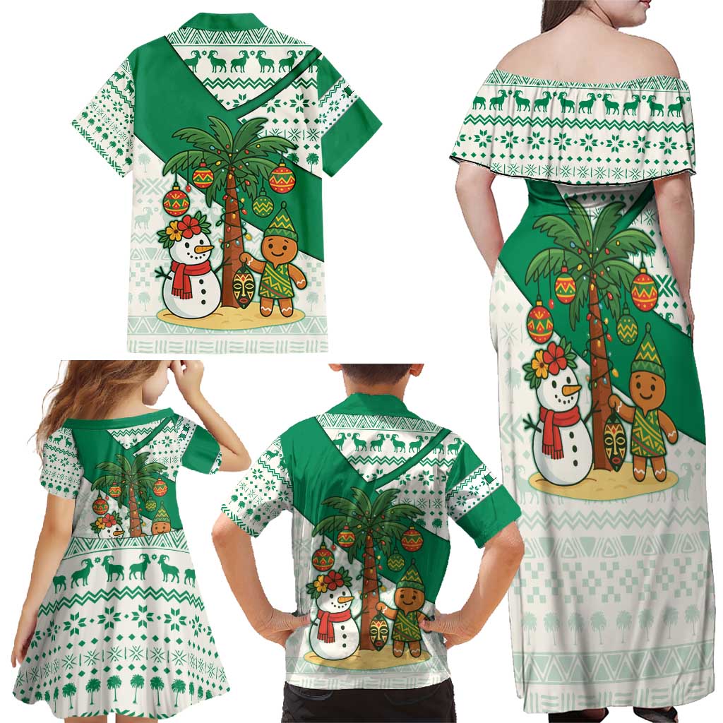 Nigeria Christmas Family Matching Off Shoulder Maxi Dress and Hawaiian Shirt with Gingerbread Snowman Palm Tree and Tribal Mask Design - Wonder Print Shop