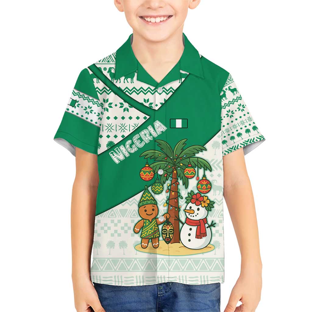 Nigeria Christmas Family Matching Off Shoulder Maxi Dress and Hawaiian Shirt with Gingerbread Snowman Palm Tree and Tribal Mask Design - Wonder Print Shop