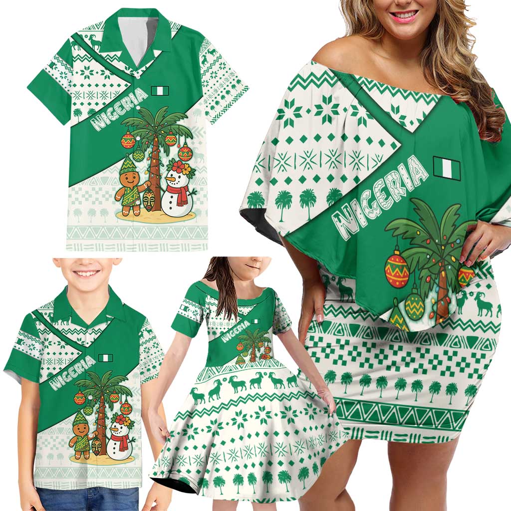 Nigeria Christmas Family Matching Off Shoulder Short Dress and Hawaiian Shirt with Gingerbread Snowman Palm Tree and Tribal Mask Design - Wonder Print Shop