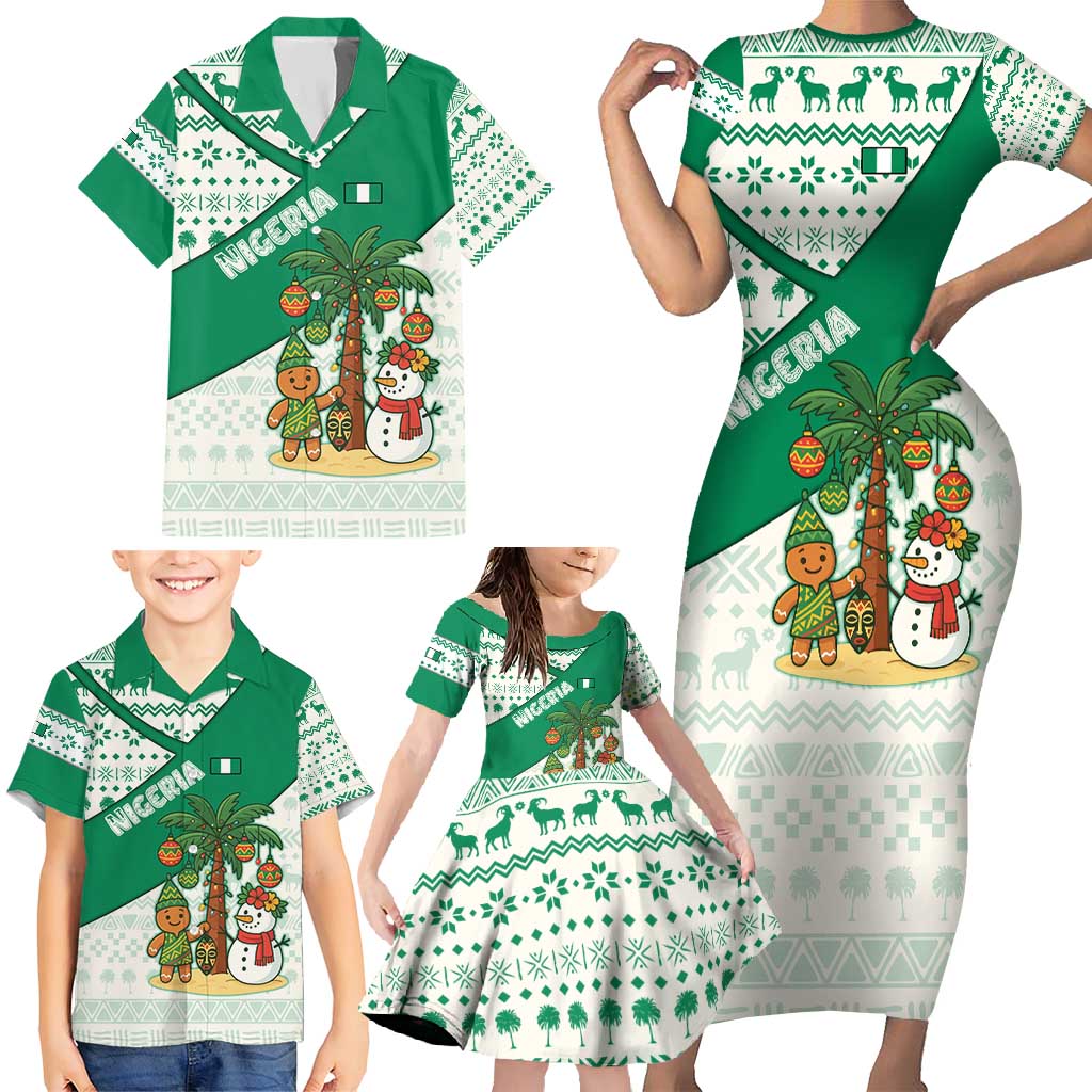 Nigeria Christmas Family Matching Short Sleeve Bodycon Dress and Hawaiian Shirt with Gingerbread Snowman Palm Tree and Tribal Mask Design - Wonder Print Shop