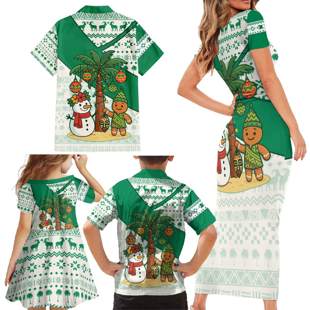 Nigeria Christmas Family Matching Short Sleeve Bodycon Dress and Hawaiian Shirt with Gingerbread Snowman Palm Tree and Tribal Mask Design - Wonder Print Shop