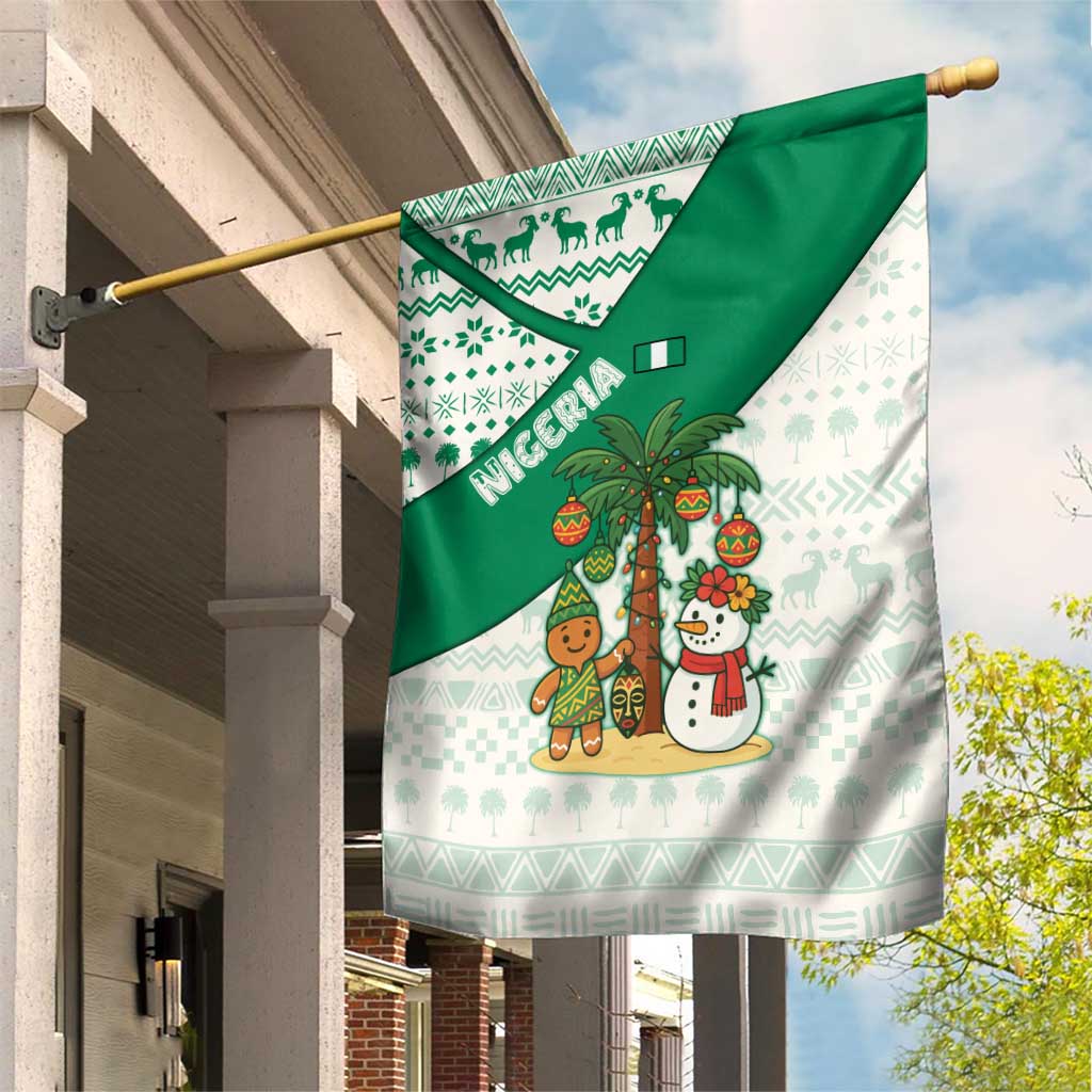 Nigeria Christmas Garden Flag with Gingerbread Snowman Palm Tree and Tribal Mask Design - Wonder Print Shop