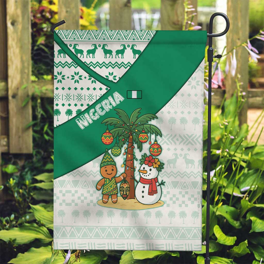 Nigeria Christmas Garden Flag with Gingerbread Snowman Palm Tree and Tribal Mask Design - Wonder Print Shop