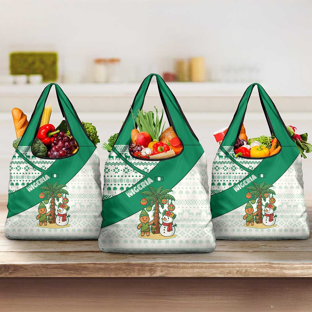 Nigeria Christmas Grocery Bag with Gingerbread Snowman Palm Tree and Tribal Mask Design - Wonder Print Shop