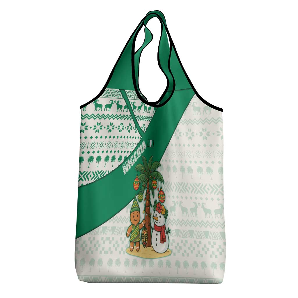 Nigeria Christmas Grocery Bag with Gingerbread Snowman Palm Tree and Tribal Mask Design - Wonder Print Shop