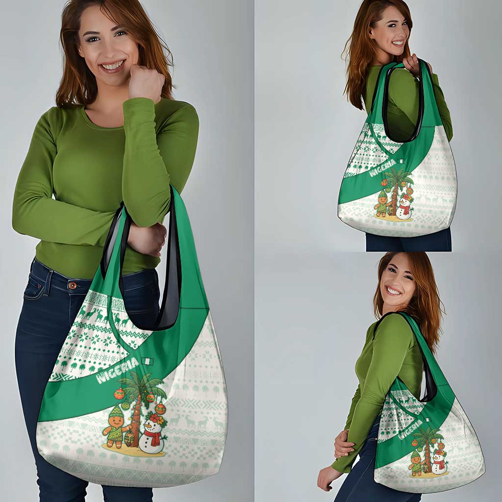 Nigeria Christmas Grocery Bag with Gingerbread Snowman Palm Tree and Tribal Mask Design - Wonder Print Shop
