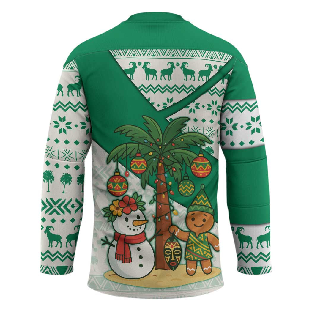 Nigeria Christmas Hockey Jersey with Gingerbread Snowman Palm Tree and Tribal Mask Design - Wonder Print Shop