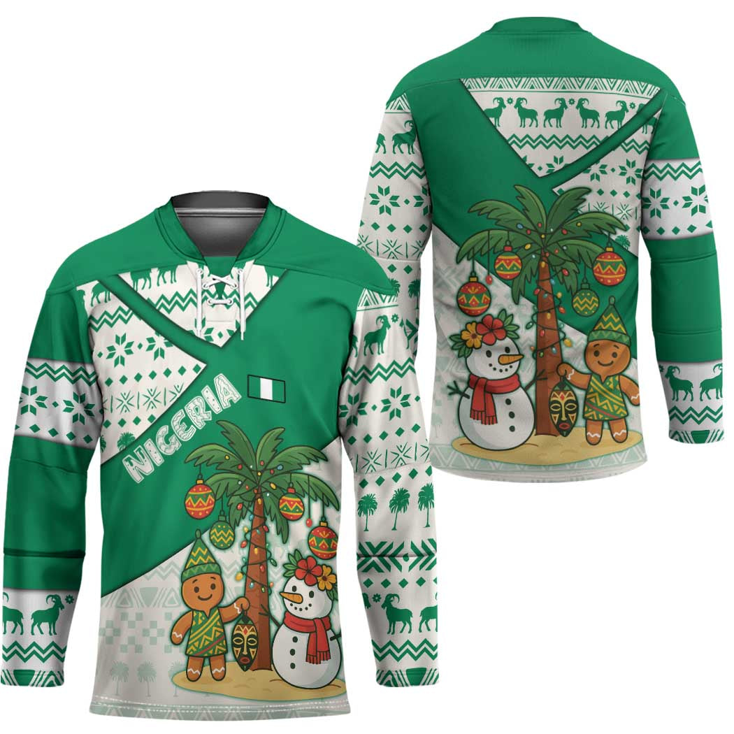Nigeria Christmas Hockey Jersey with Gingerbread Snowman Palm Tree and Tribal Mask Design - Wonder Print Shop