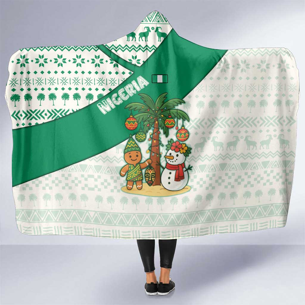 Nigeria Christmas Hooded Blanket with Gingerbread Snowman Palm Tree and Tribal Mask Design - Wonder Print Shop