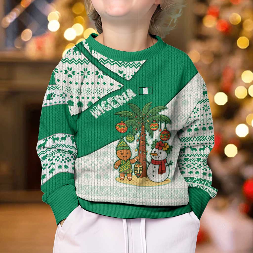 Nigeria Christmas Kid Ugly Christmas Sweater with Gingerbread Snowman Palm Tree and Tribal Mask Design - Wonder Print Shop