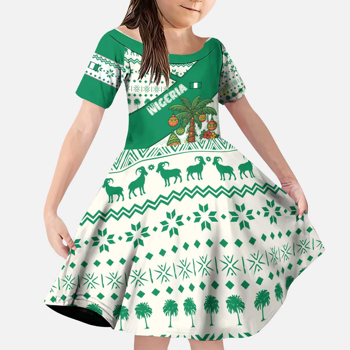 Nigeria Christmas Kid Short Sleeve Dress with Gingerbread Snowman Palm Tree and Tribal Mask Design - Wonder Print Shop