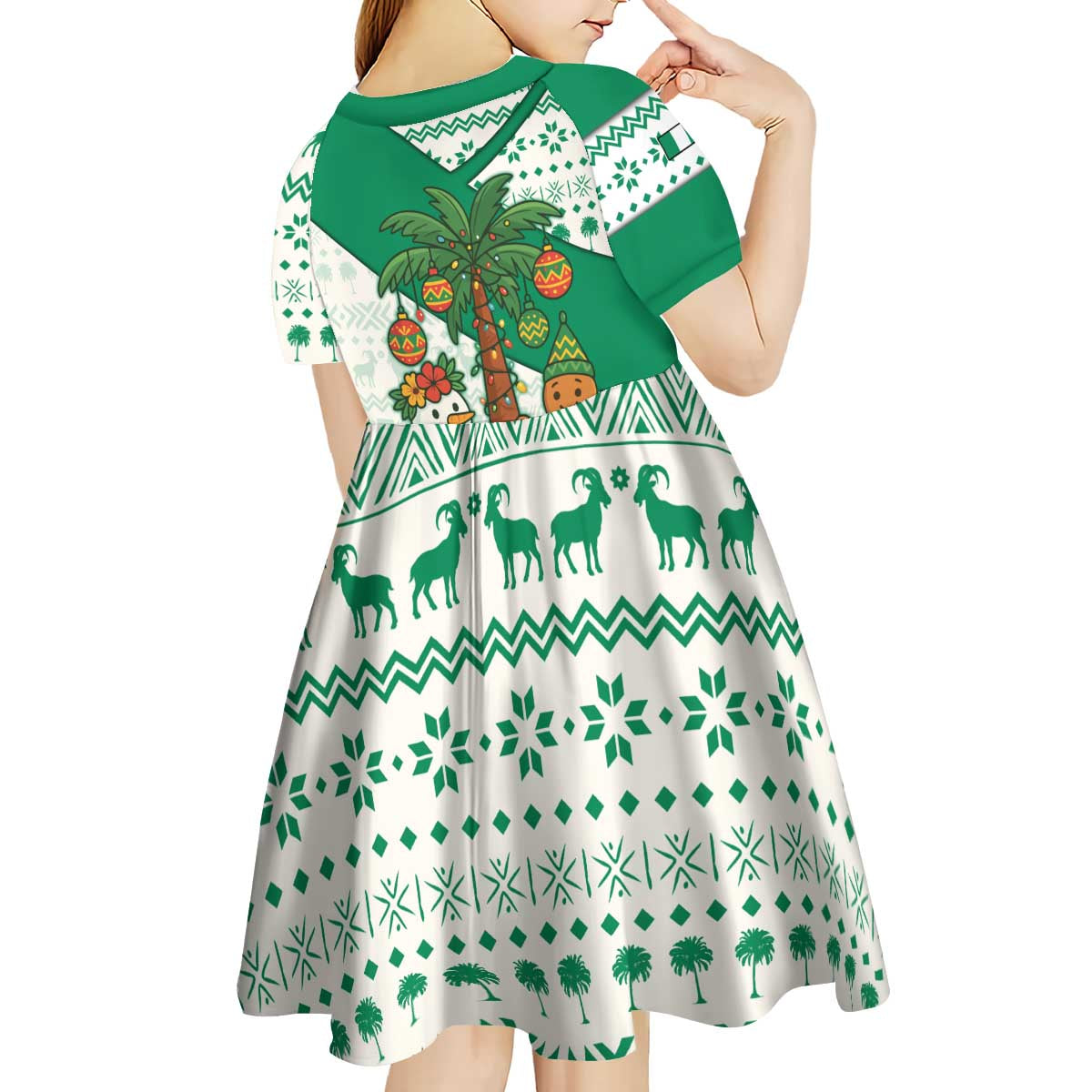Nigeria Christmas Kid Short Sleeve Dress with Gingerbread Snowman Palm Tree and Tribal Mask Design - Wonder Print Shop