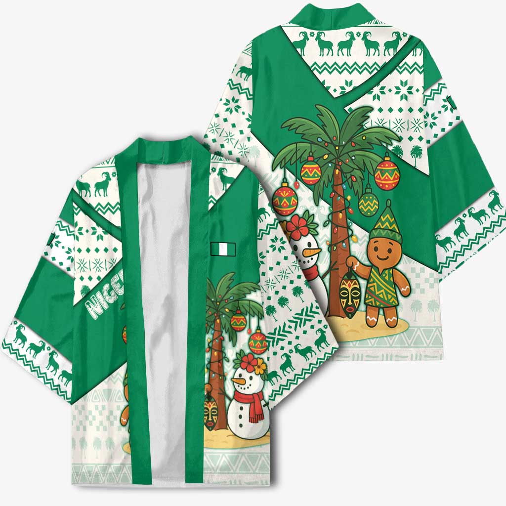 Nigeria Christmas Kimono with Gingerbread Snowman Palm Tree and Tribal Mask Design - Wonder Print Shop