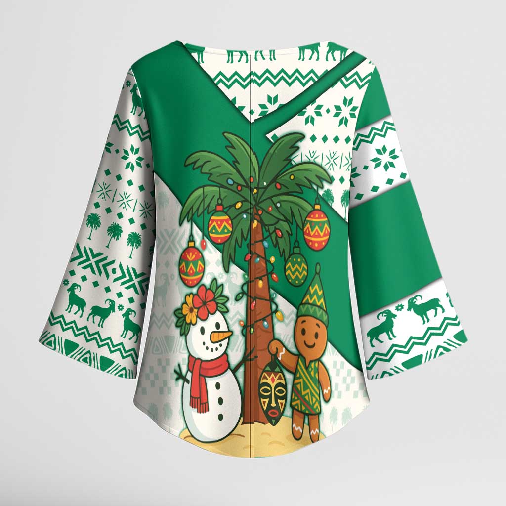 Nigeria Christmas Kimono Sleeve Blouse with Gingerbread Snowman Palm Tree and Tribal Mask Design - Wonder Print Shop