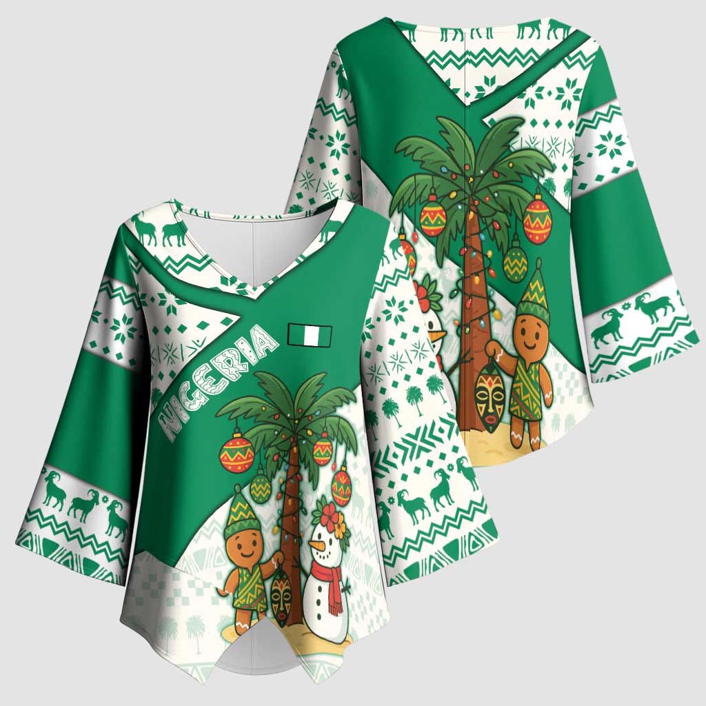 Nigeria Christmas Kimono Sleeve Blouse with Gingerbread Snowman Palm Tree and Tribal Mask Design - Wonder Print Shop