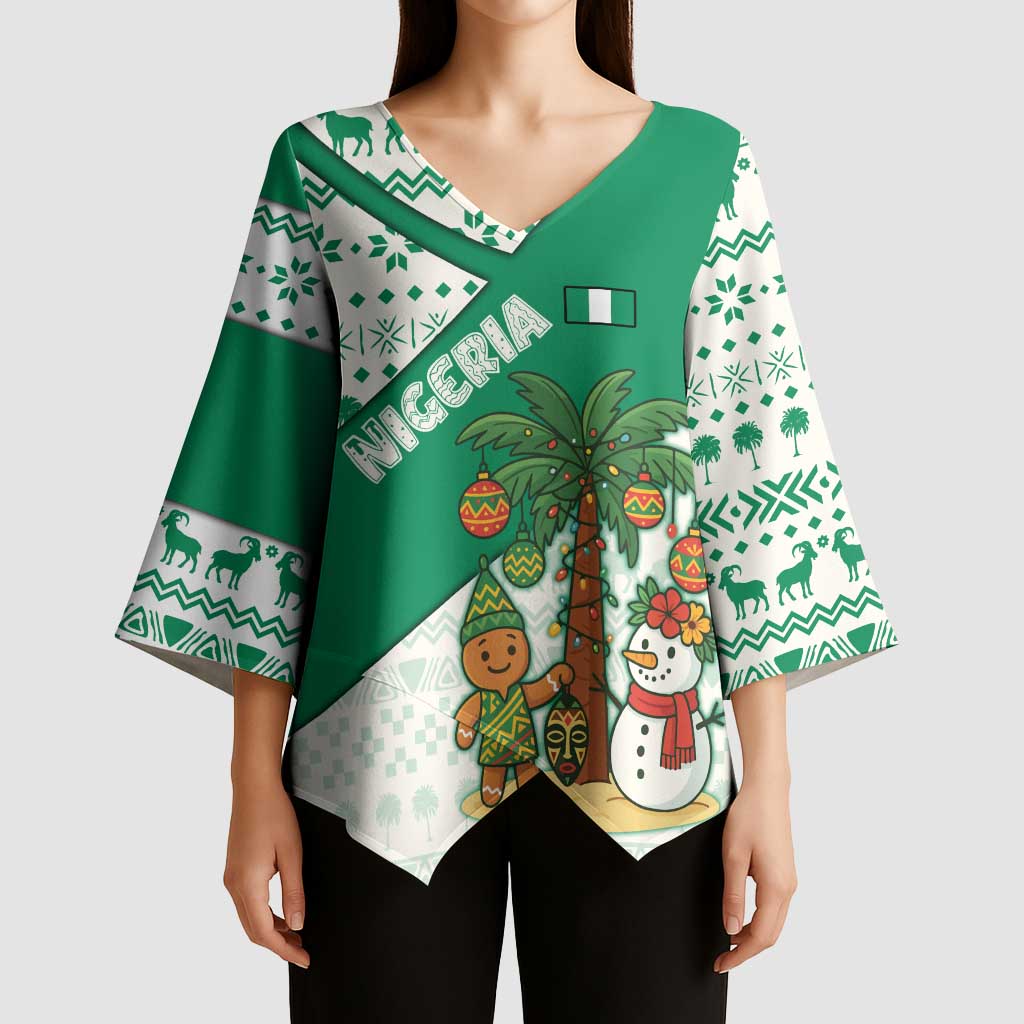 Nigeria Christmas Kimono Sleeve Blouse with Gingerbread Snowman Palm Tree and Tribal Mask Design - Wonder Print Shop