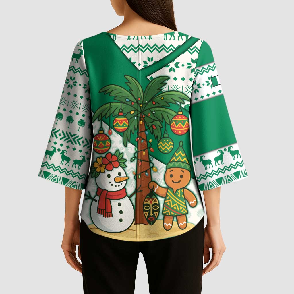 Nigeria Christmas Kimono Sleeve Blouse with Gingerbread Snowman Palm Tree and Tribal Mask Design - Wonder Print Shop