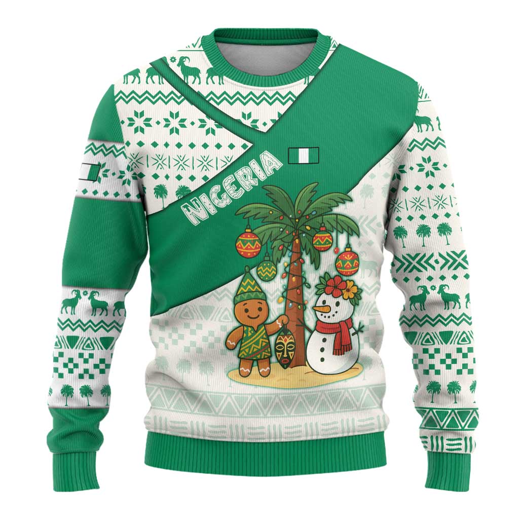 Nigeria Christmas Ugly Christmas Sweater with Gingerbread Snowman Palm Tree and Tribal Mask Design - Wonder Print Shop