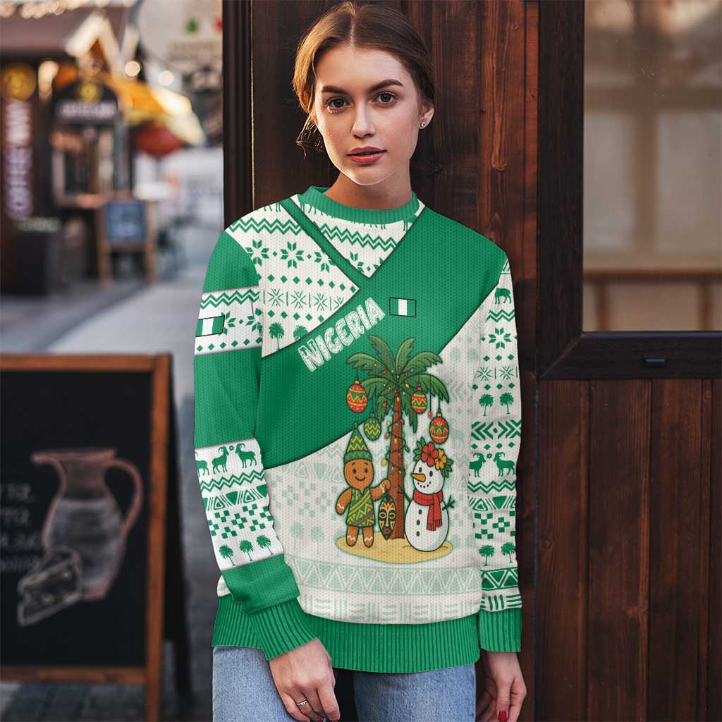 Nigeria Christmas Ugly Christmas Sweater with Gingerbread Snowman Palm Tree and Tribal Mask Design - Wonder Print Shop