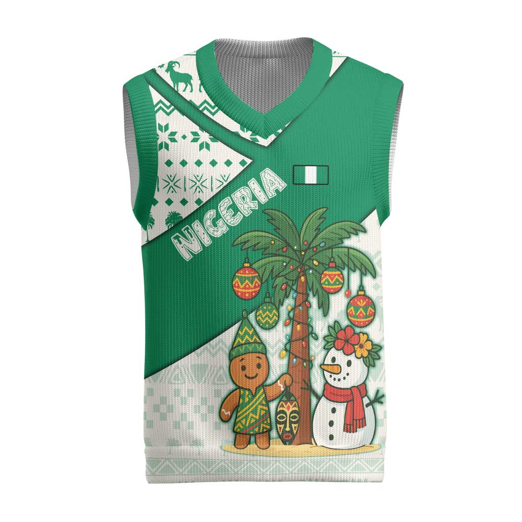 Nigeria Christmas Knitted V-Neck Vest with Gingerbread Snowman Palm Tree and Tribal Mask Design - Wonder Print Shop