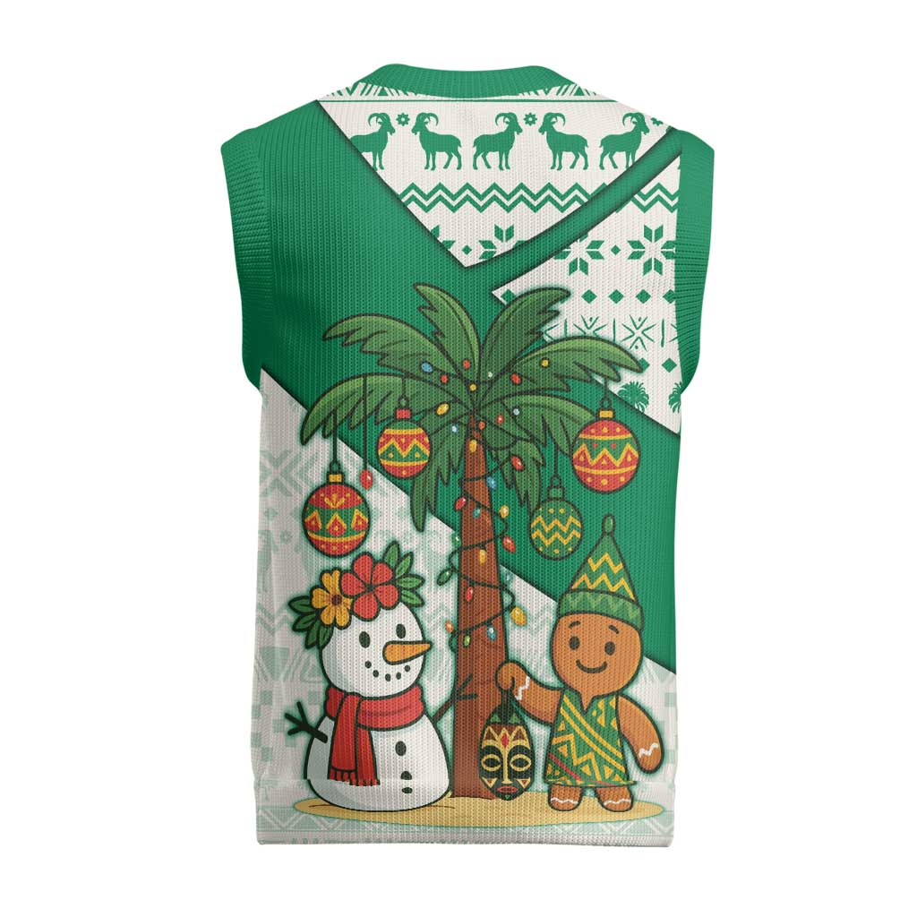 Nigeria Christmas Knitted V-Neck Vest with Gingerbread Snowman Palm Tree and Tribal Mask Design - Wonder Print Shop