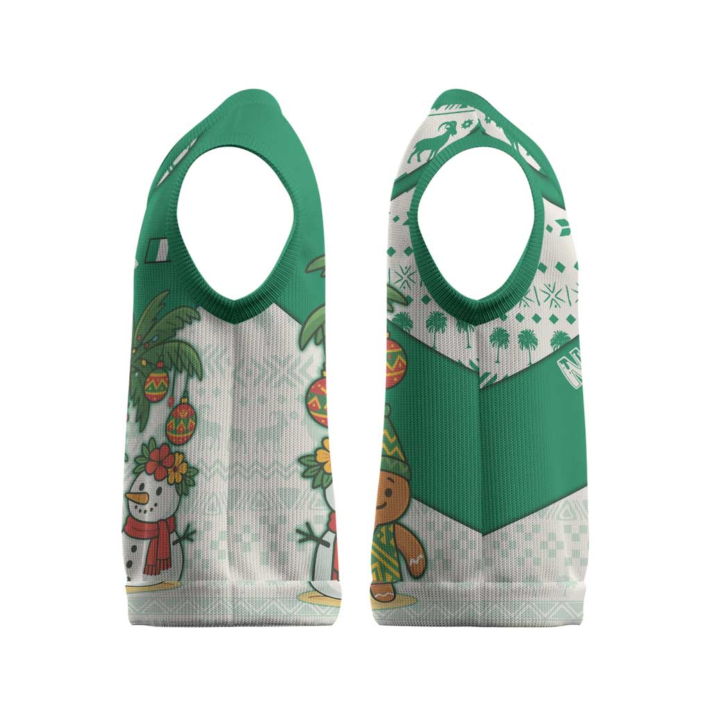 Nigeria Christmas Knitted V-Neck Vest with Gingerbread Snowman Palm Tree and Tribal Mask Design - Wonder Print Shop