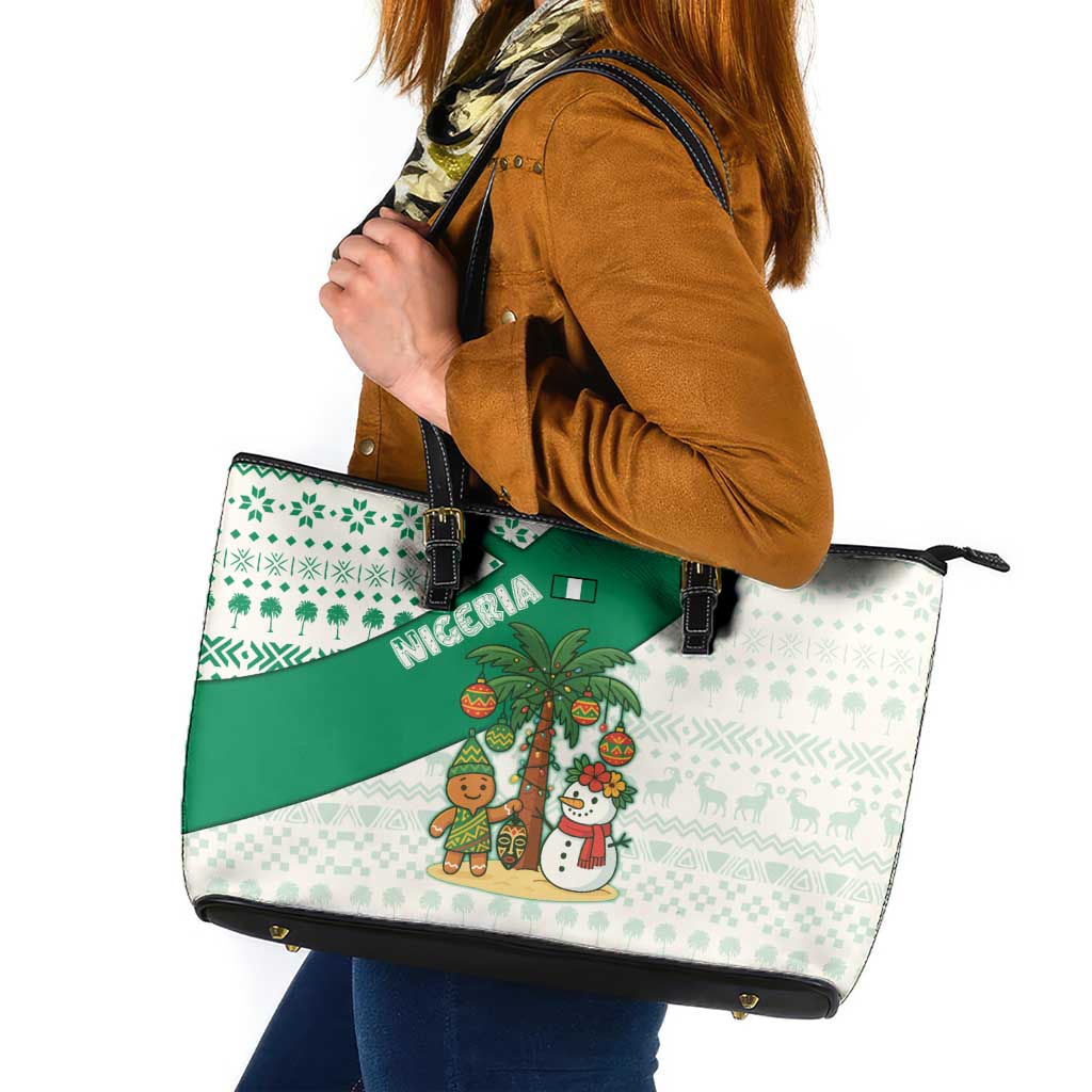 Nigeria Christmas Leather Tote Bag with Gingerbread Snowman Palm Tree and Tribal Mask Design - Wonder Print Shop