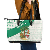 Nigeria Christmas Leather Tote Bag with Gingerbread Snowman Palm Tree and Tribal Mask Design - Wonder Print Shop