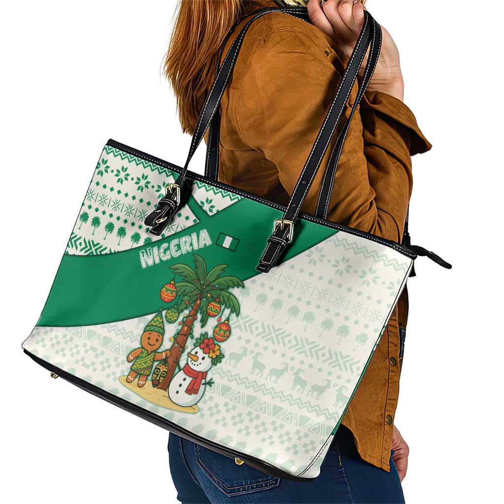Nigeria Christmas Leather Tote Bag with Gingerbread Snowman Palm Tree and Tribal Mask Design - Wonder Print Shop