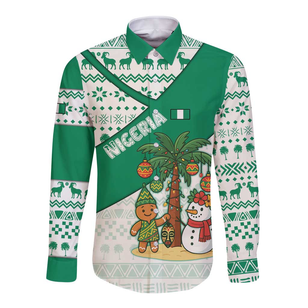 Nigeria Christmas Long Sleeve Button Shirt with Gingerbread Snowman Palm Tree and Tribal Mask Design - Wonder Print Shop