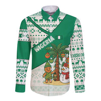 Nigeria Christmas Long Sleeve Button Shirt with Gingerbread Snowman Palm Tree and Tribal Mask Design - Wonder Print Shop