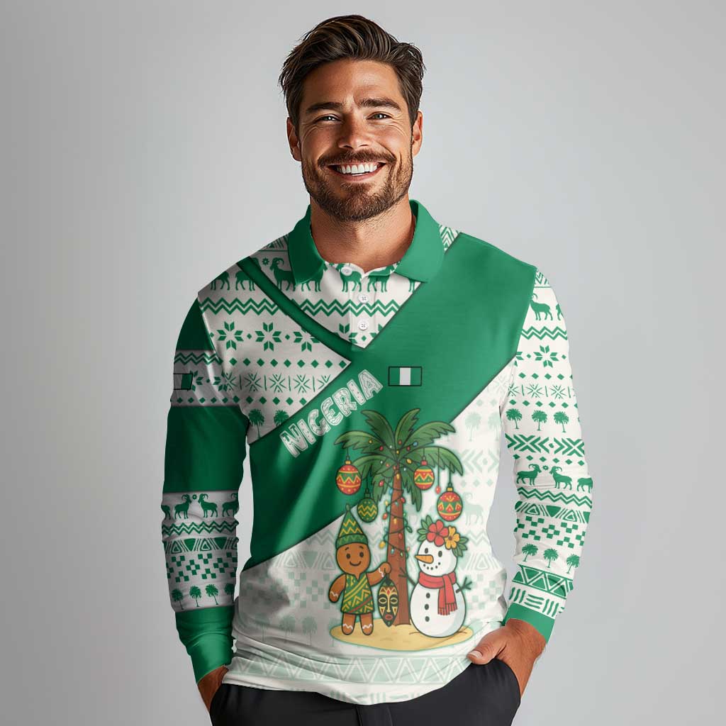 Nigeria Christmas Long Sleeve Polo Shirt with Gingerbread Snowman Palm Tree and Tribal Mask Design - Wonder Print Shop