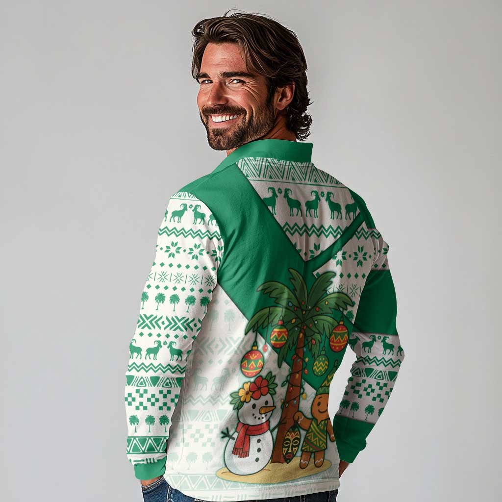 Nigeria Christmas Long Sleeve Polo Shirt with Gingerbread Snowman Palm Tree and Tribal Mask Design - Wonder Print Shop