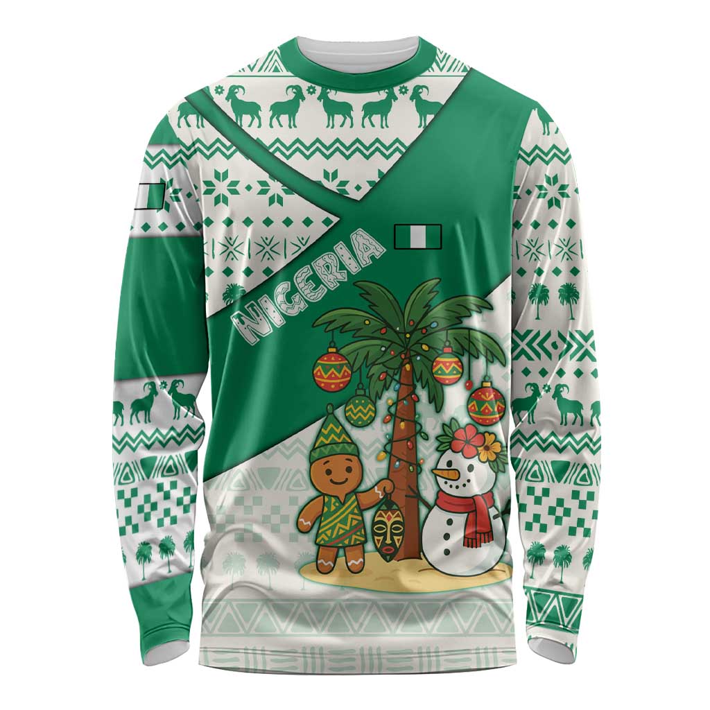 Nigeria Christmas Long Sleeve Shirt with Gingerbread Snowman Palm Tree and Tribal Mask Design - Wonder Print Shop