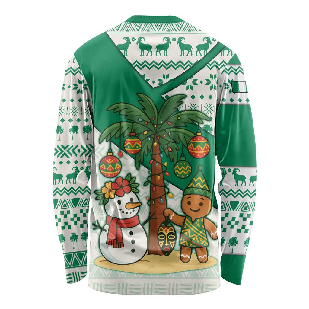 Nigeria Christmas Long Sleeve Shirt with Gingerbread Snowman Palm Tree and Tribal Mask Design - Wonder Print Shop