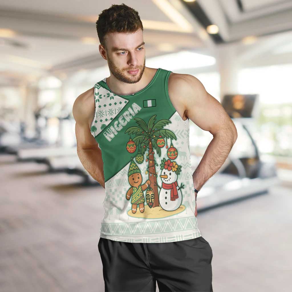 Nigeria Christmas Men Tank Top with Gingerbread Snowman Palm Tree and Tribal Mask Design - Wonder Print Shop