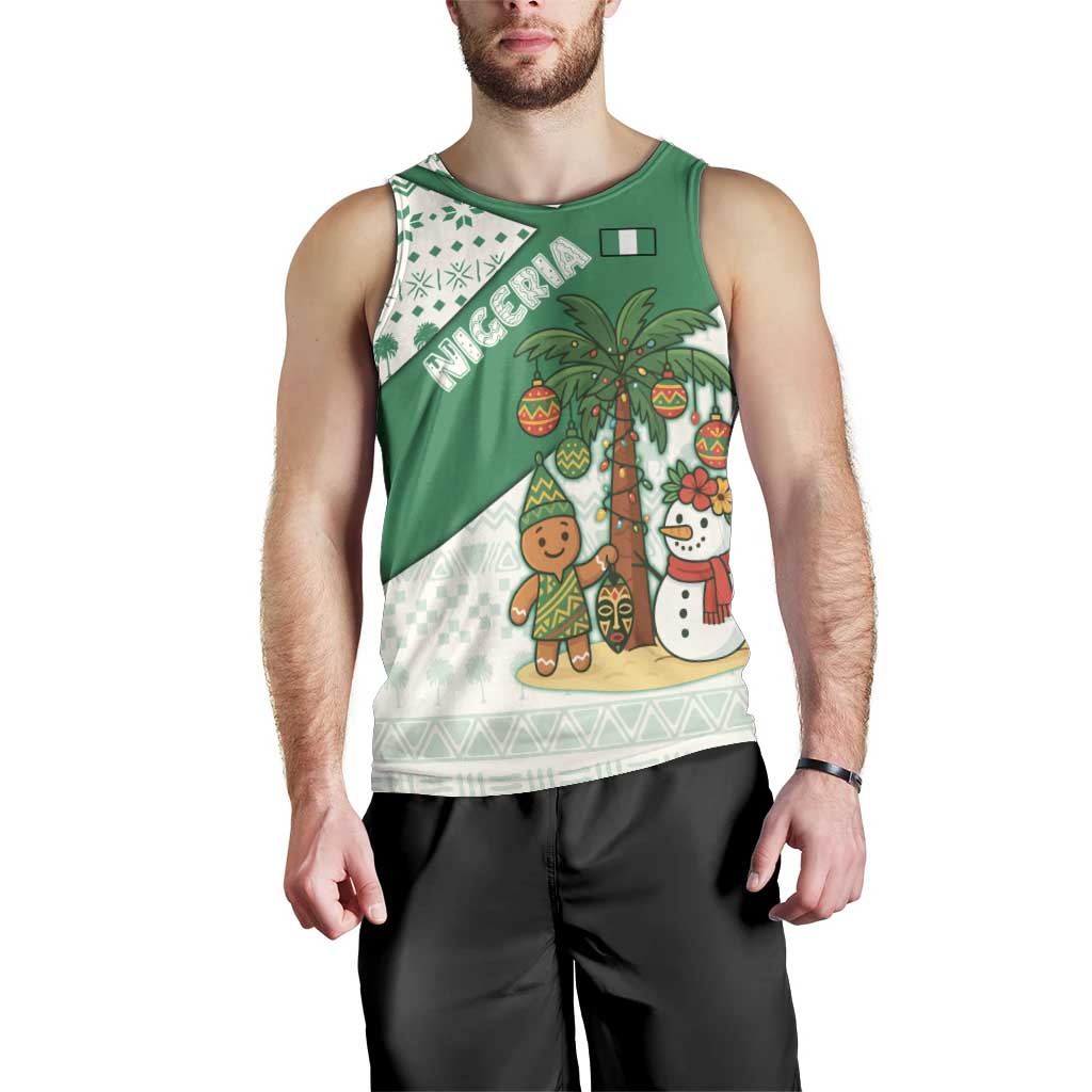 Nigeria Christmas Men Tank Top with Gingerbread Snowman Palm Tree and Tribal Mask Design - Wonder Print Shop