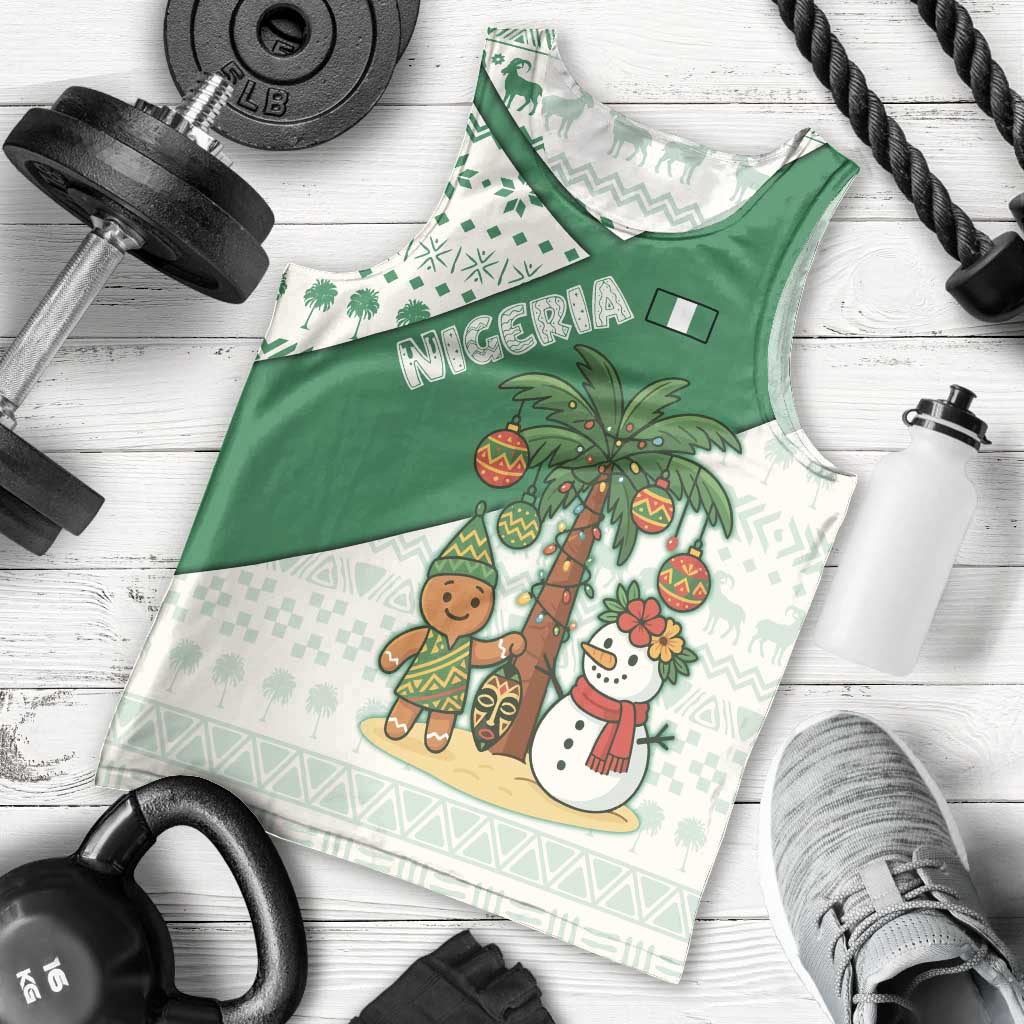 Nigeria Christmas Men Tank Top with Gingerbread Snowman Palm Tree and Tribal Mask Design - Wonder Print Shop
