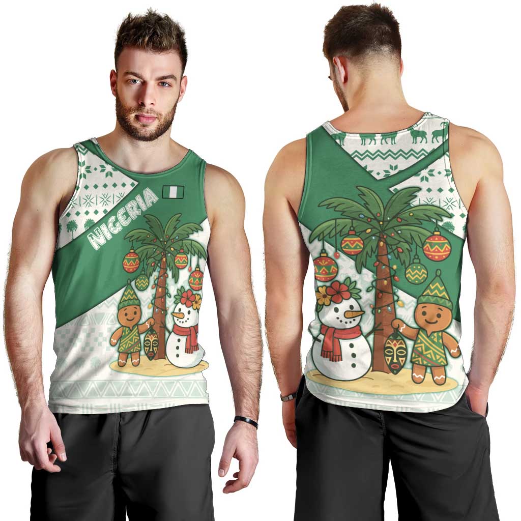 Nigeria Christmas Men Tank Top with Gingerbread Snowman Palm Tree and Tribal Mask Design - Wonder Print Shop
