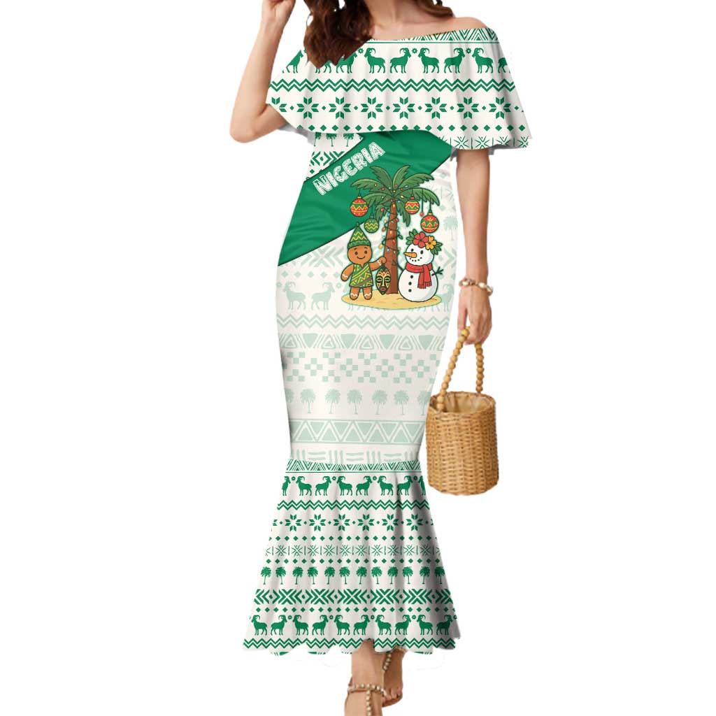 Nigeria Christmas Mermaid Dress with Gingerbread Snowman Palm Tree and Tribal Mask Design - Wonder Print Shop