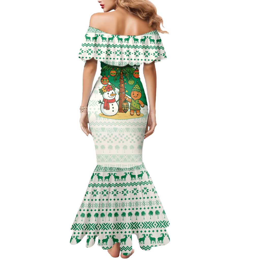Nigeria Christmas Mermaid Dress with Gingerbread Snowman Palm Tree and Tribal Mask Design - Wonder Print Shop
